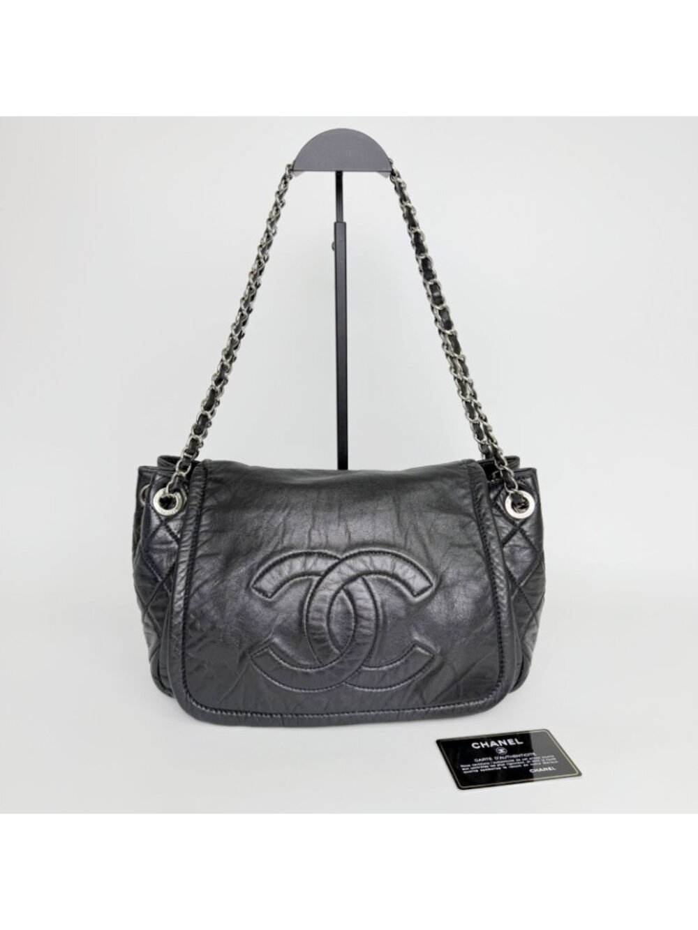 Chanel CC Logo Chain Shoulder Bag Leather Black Silver Vintage - Picture 3 of 16